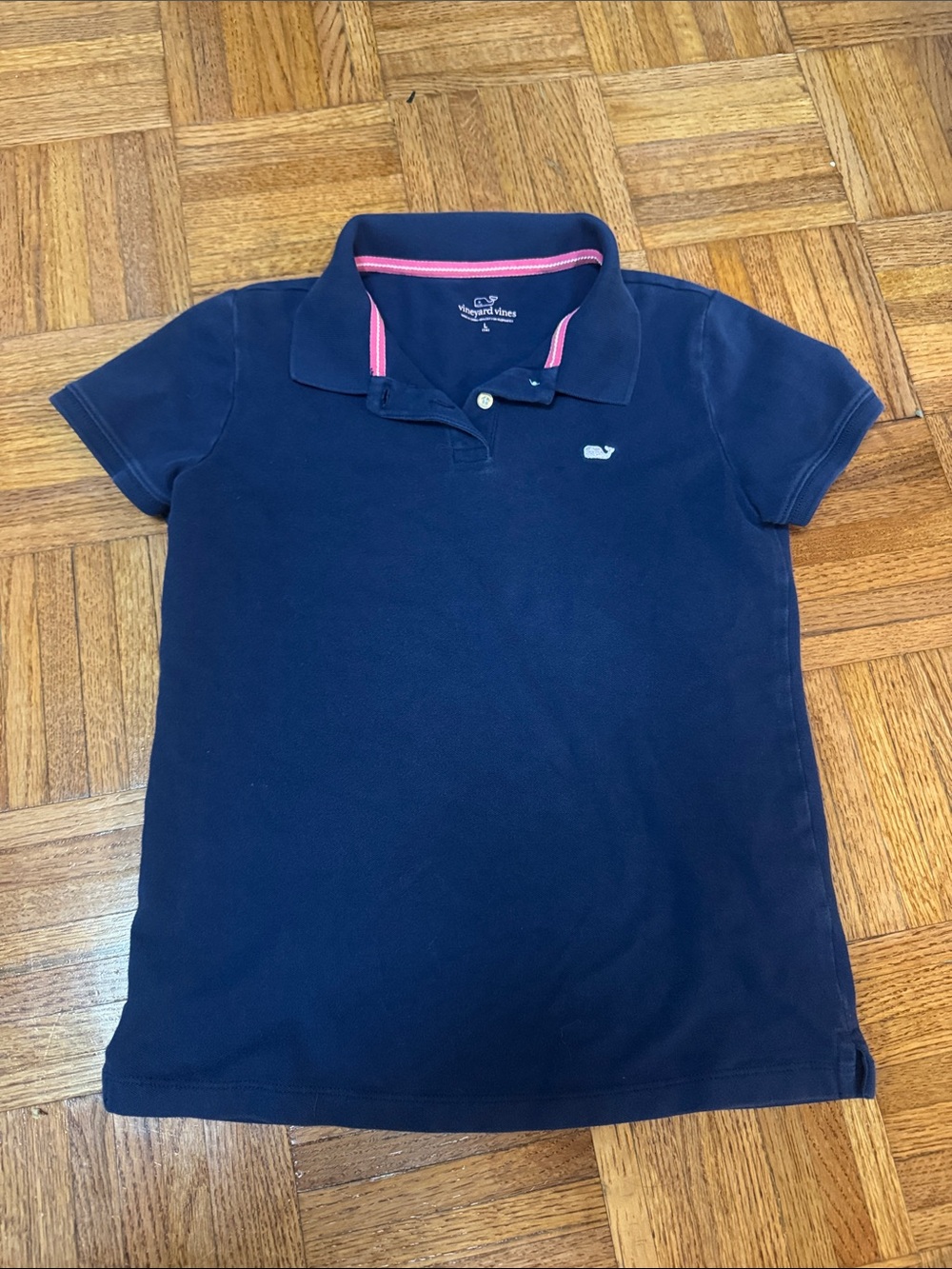 Vineyard Vines Girls' Navy Polo with Pink Collar Trim